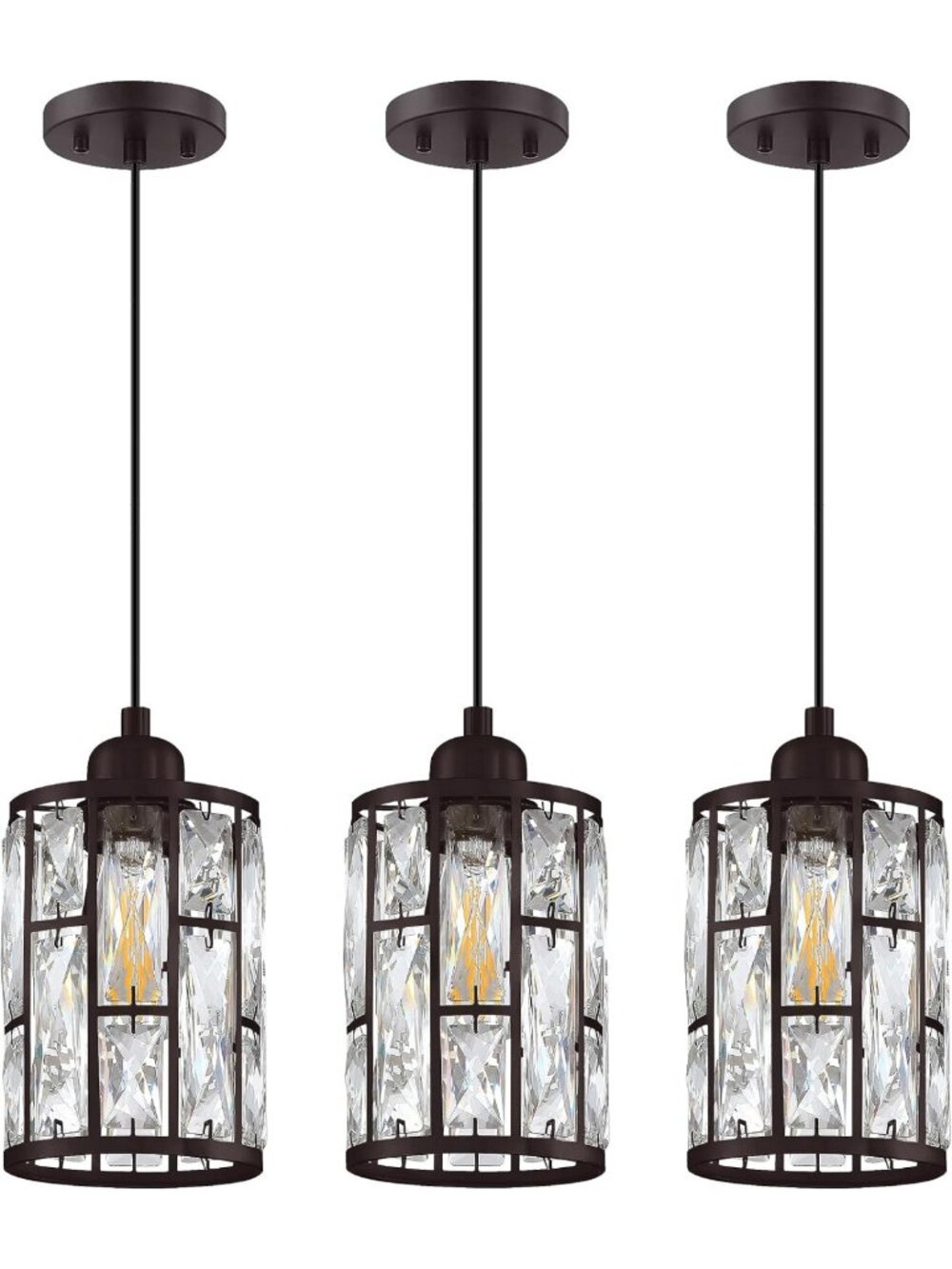 3 Pack Modern Crystal Pendant Lights - Black Finish for Kitchen, Bar, Dining